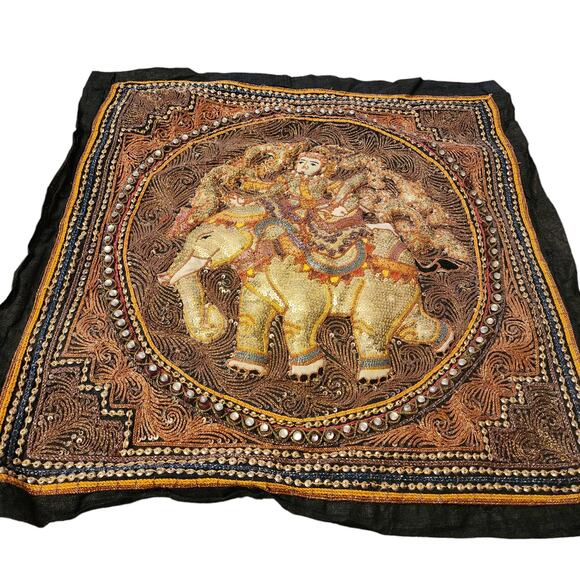 Vintage Asian Elephant Tapestry 3D Raised Handcraft Embroidered Sequins Art 21" - Picture 4 of 16